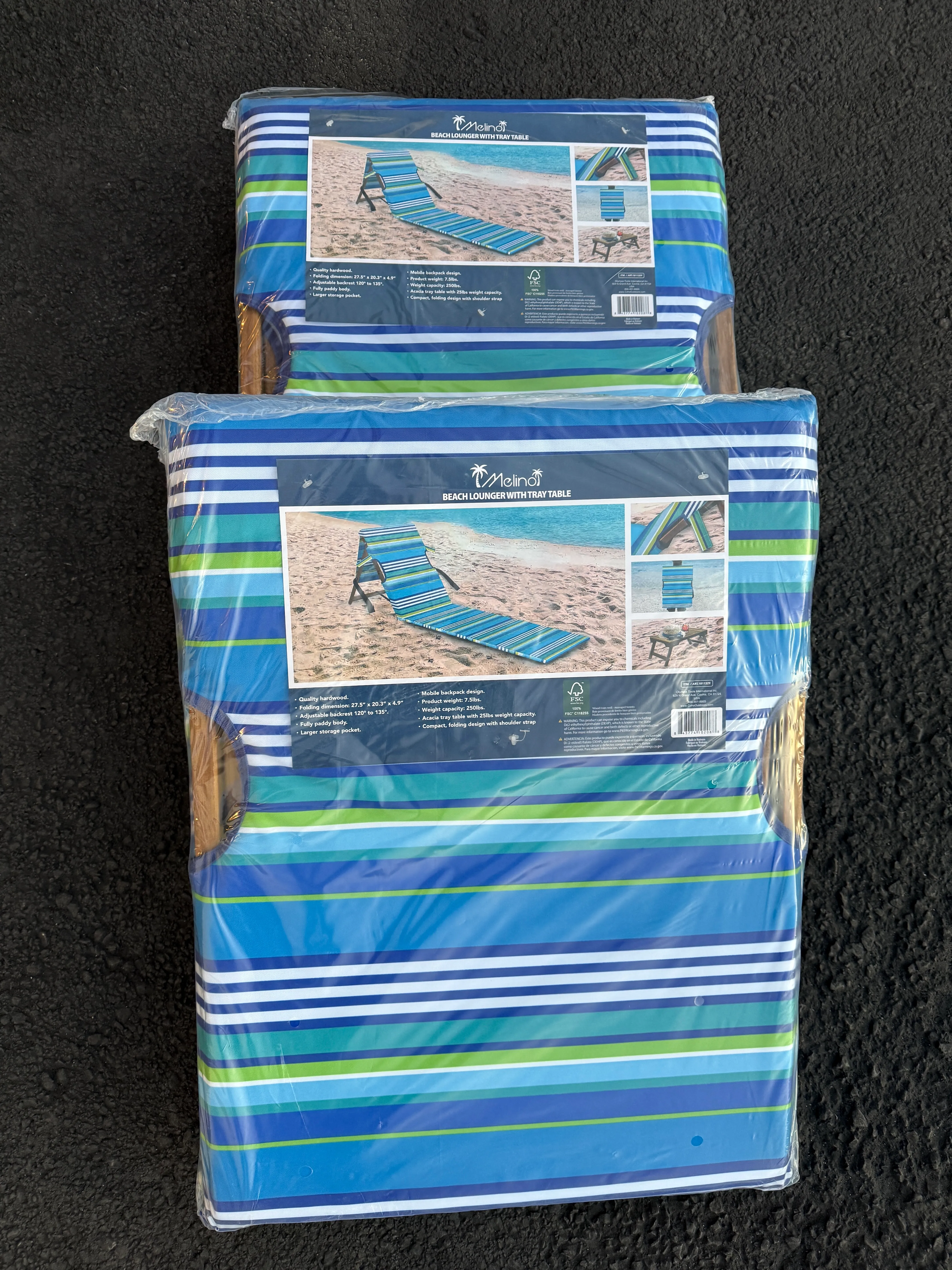 Melino Folding Wood Beach Lounger w/ Backpack Straps & Tray Table - New